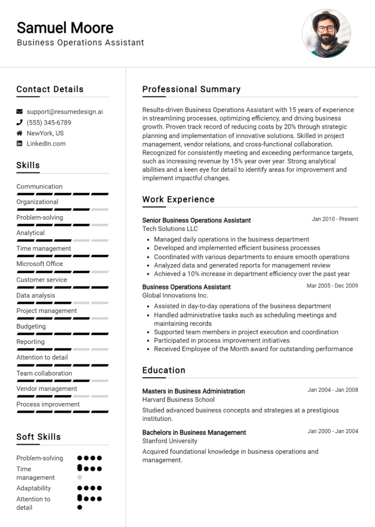 Business Operations Assistant Resume Example