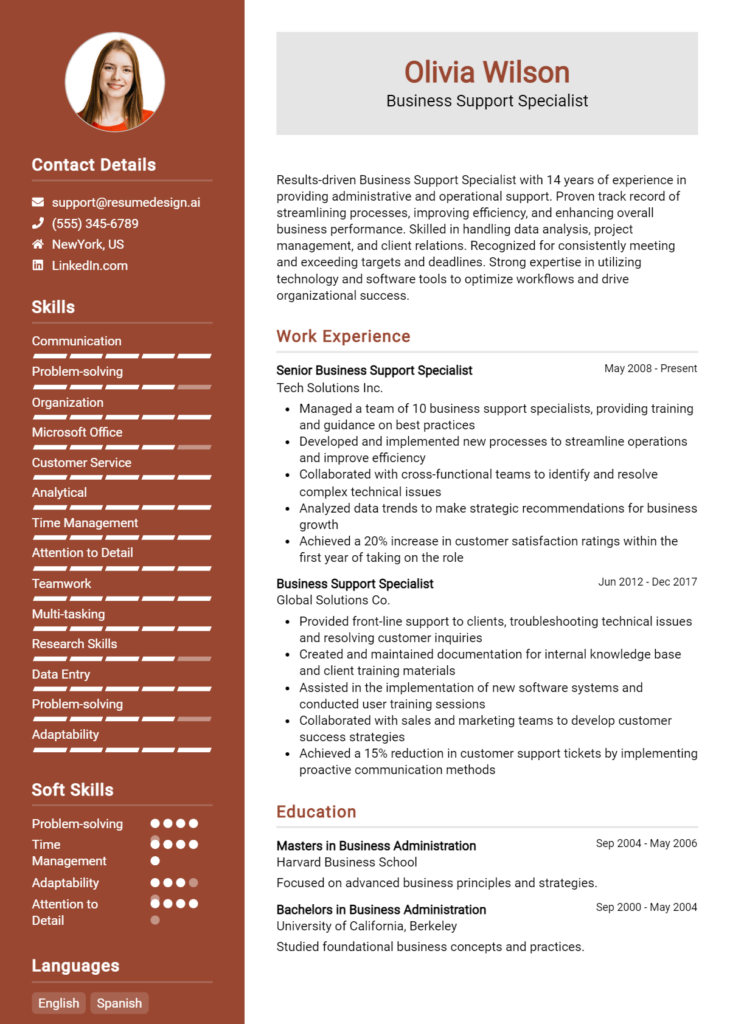 Business Support Specialist Resume Example