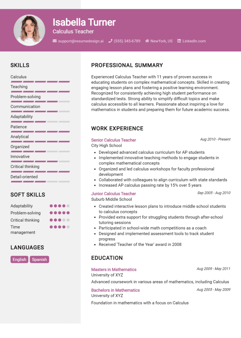 18 Calculus Teacher Resume Examples And Templates for 2025