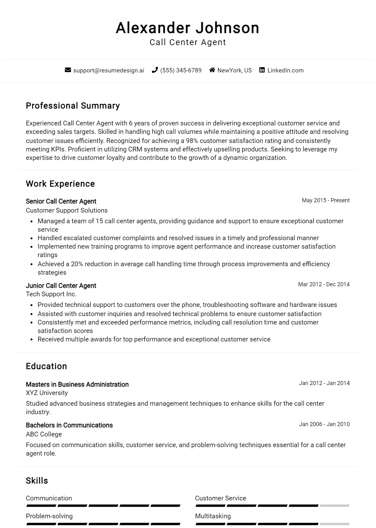 Call Center Agent Resume Example