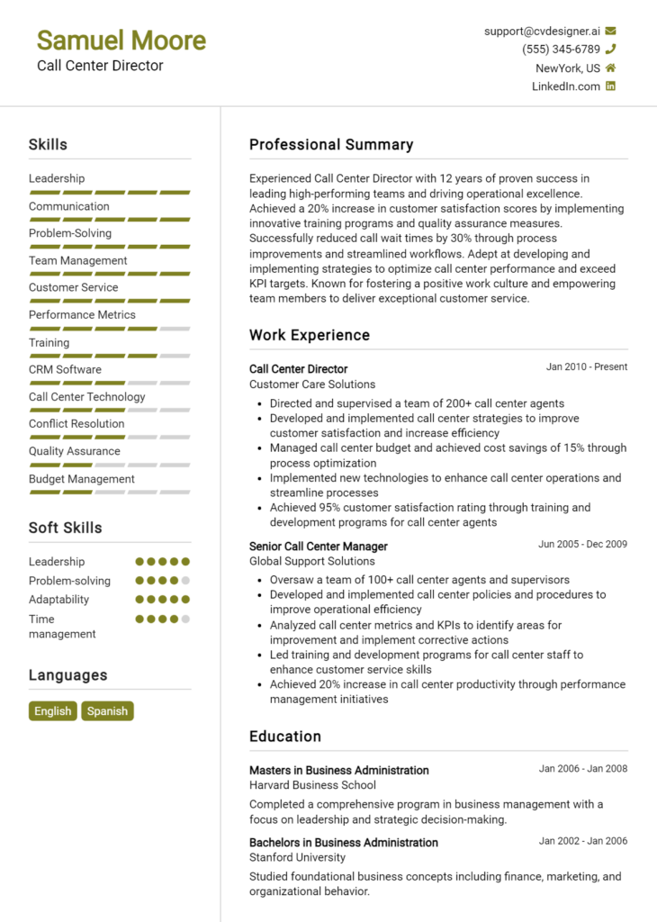 Call Center Director Resume Example