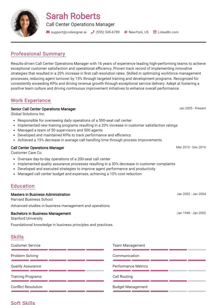 Call Center Operations Manager Resume Example