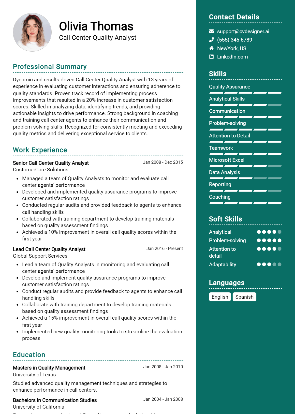 Call Center Quality Analyst Resume Example