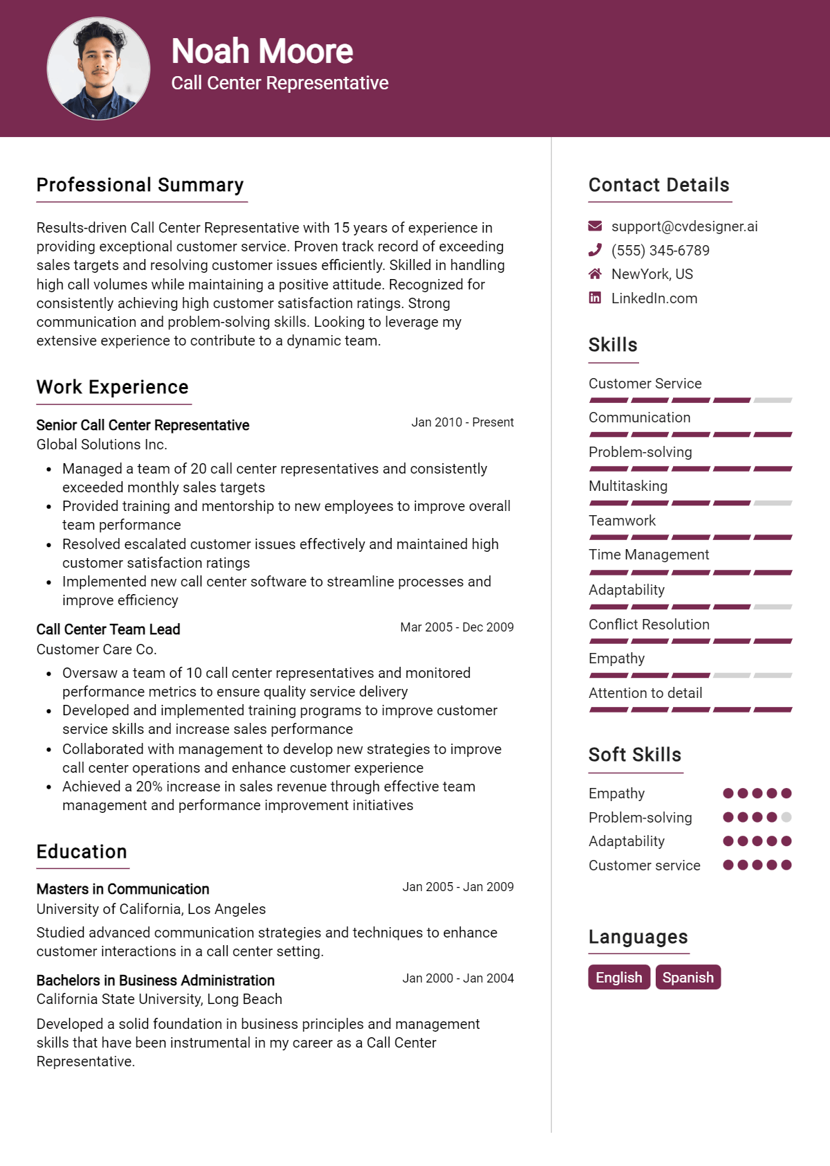 Call Center Representative Resume Example