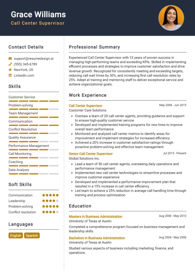 15 Call Center Supervisor Resume Examples And Templates for 2025