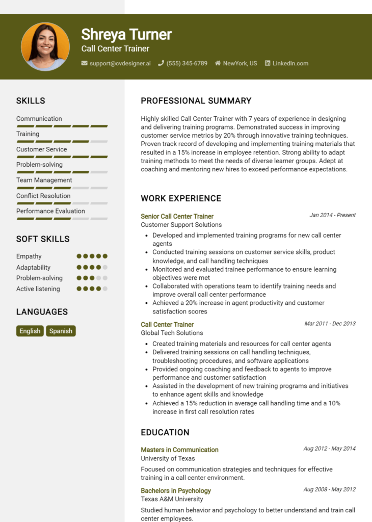 Call Center Trainer Resume Example