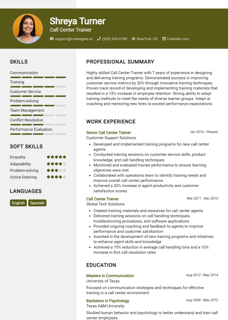 11 Call Center Trainer Resume Examples And Templates for 2025
