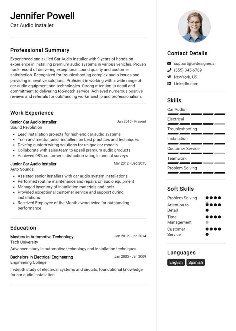 23 Car Audio Installer Resume Examples And Templates for 2025: Best Tips