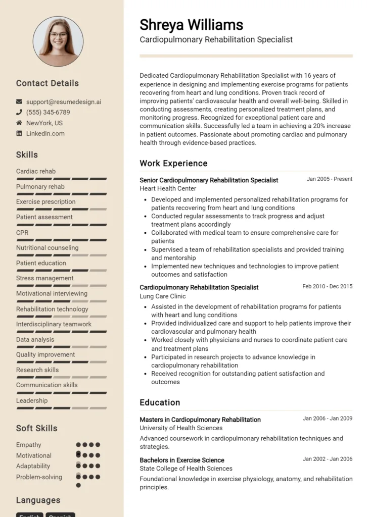 Cardiopulmonary Rehabilitation Specialist Resume Example