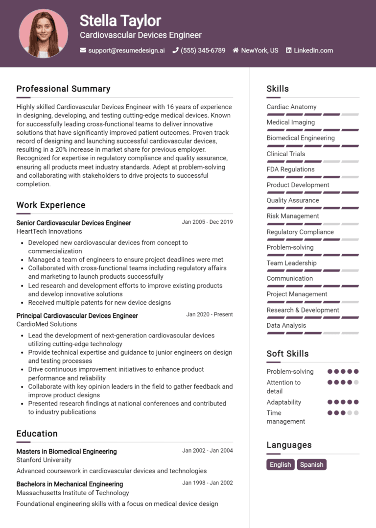 20 Cardiovascular Devices Engineer Resume Examples And Templates for 2025: Best Tips
