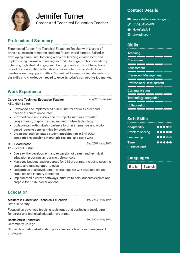18 Career and Technical Education Teacher Resume Examples And Templates for 2025