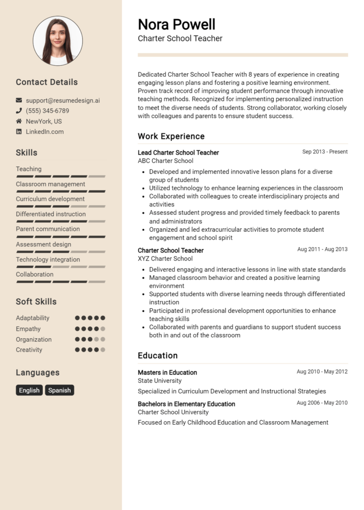 Charter School Teacher Resume Example