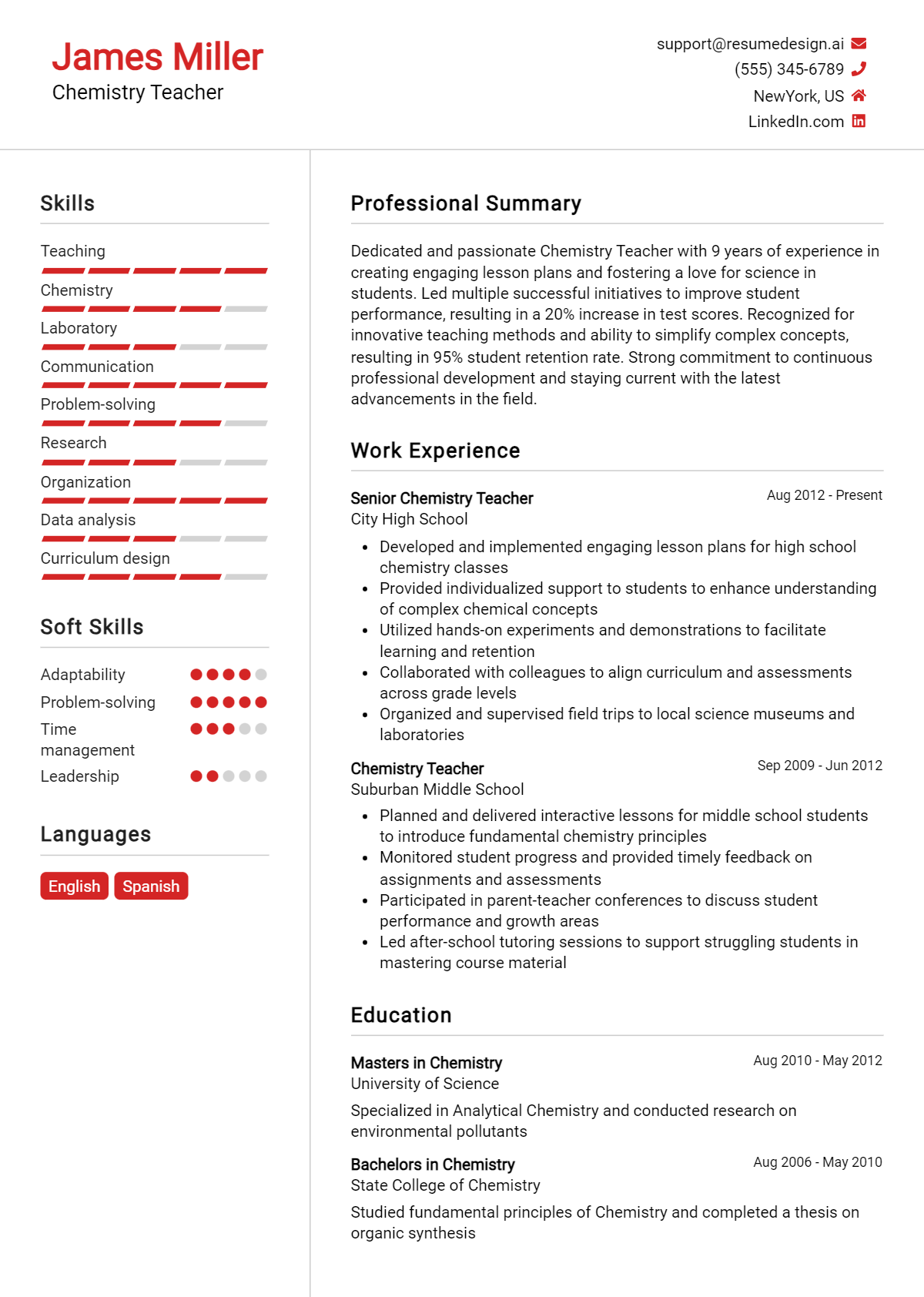 Chemistry Teacher Resume Example