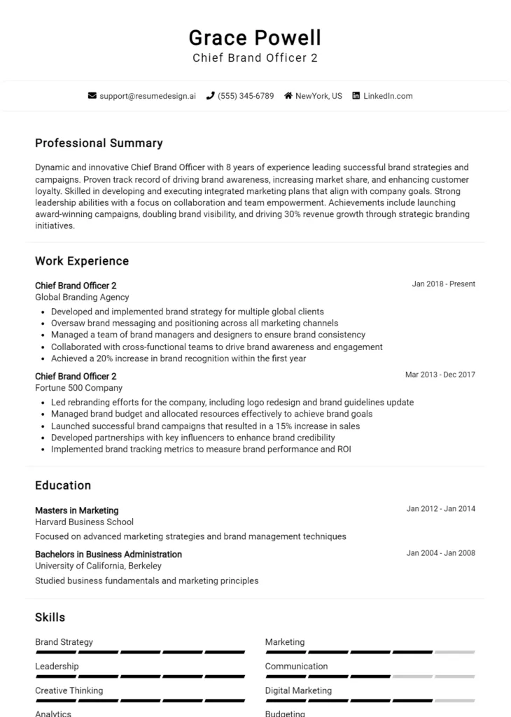 Chief Brand Officer 2 Resume Example