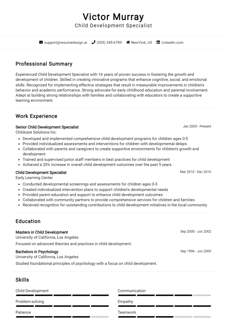 Child Development Specialist Resume Example