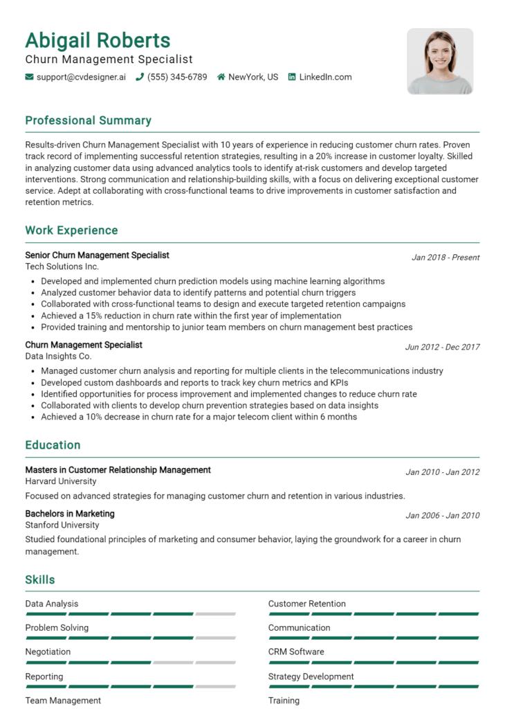 Churn Management Specialist Resume Example