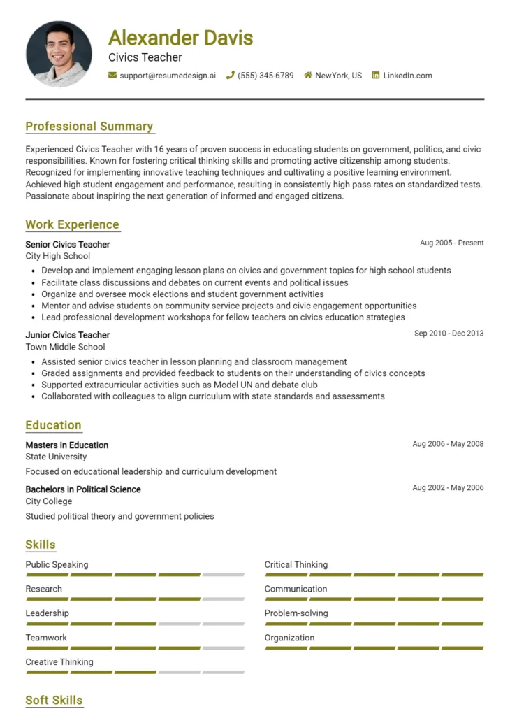 Civics Teacher Resume Example