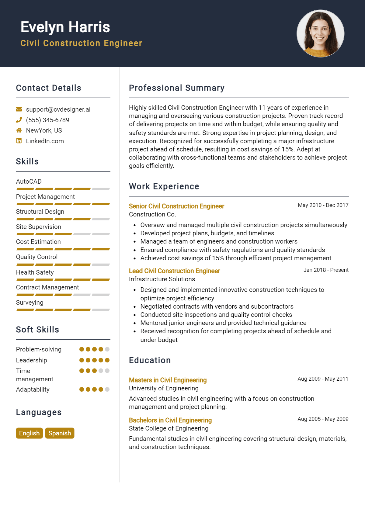 Civil Construction Engineer Resume Example