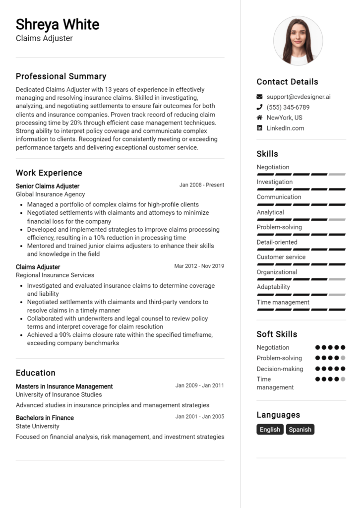 Claims Adjuster Resume Example