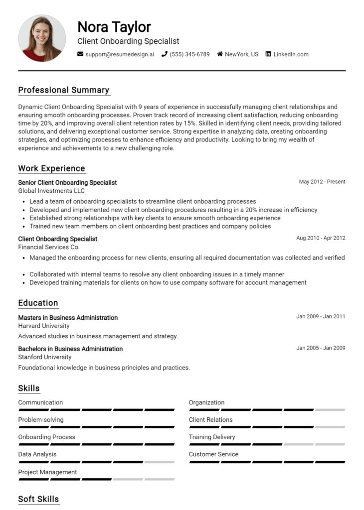 Client Onboarding Specialist Resume Example