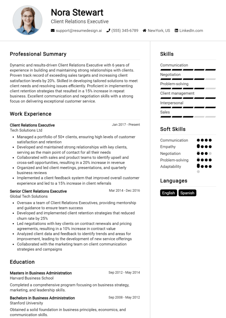 Client Relations Executive Resume Example