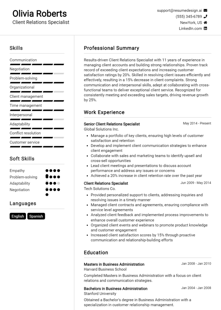 Client Relations Specialist Resume Example