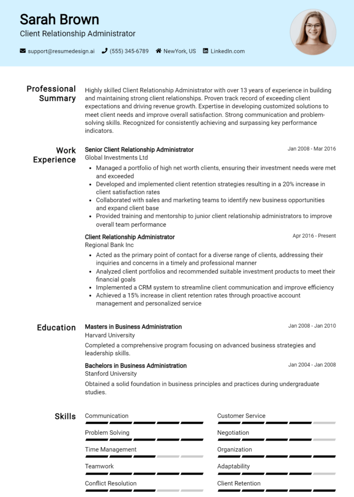 Client Relationship Administrator Resume Example