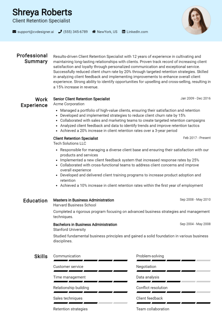 Client Retention Specialist Resume Example