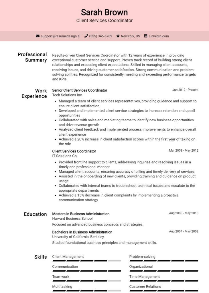 Client Services Coordinator Resume Example