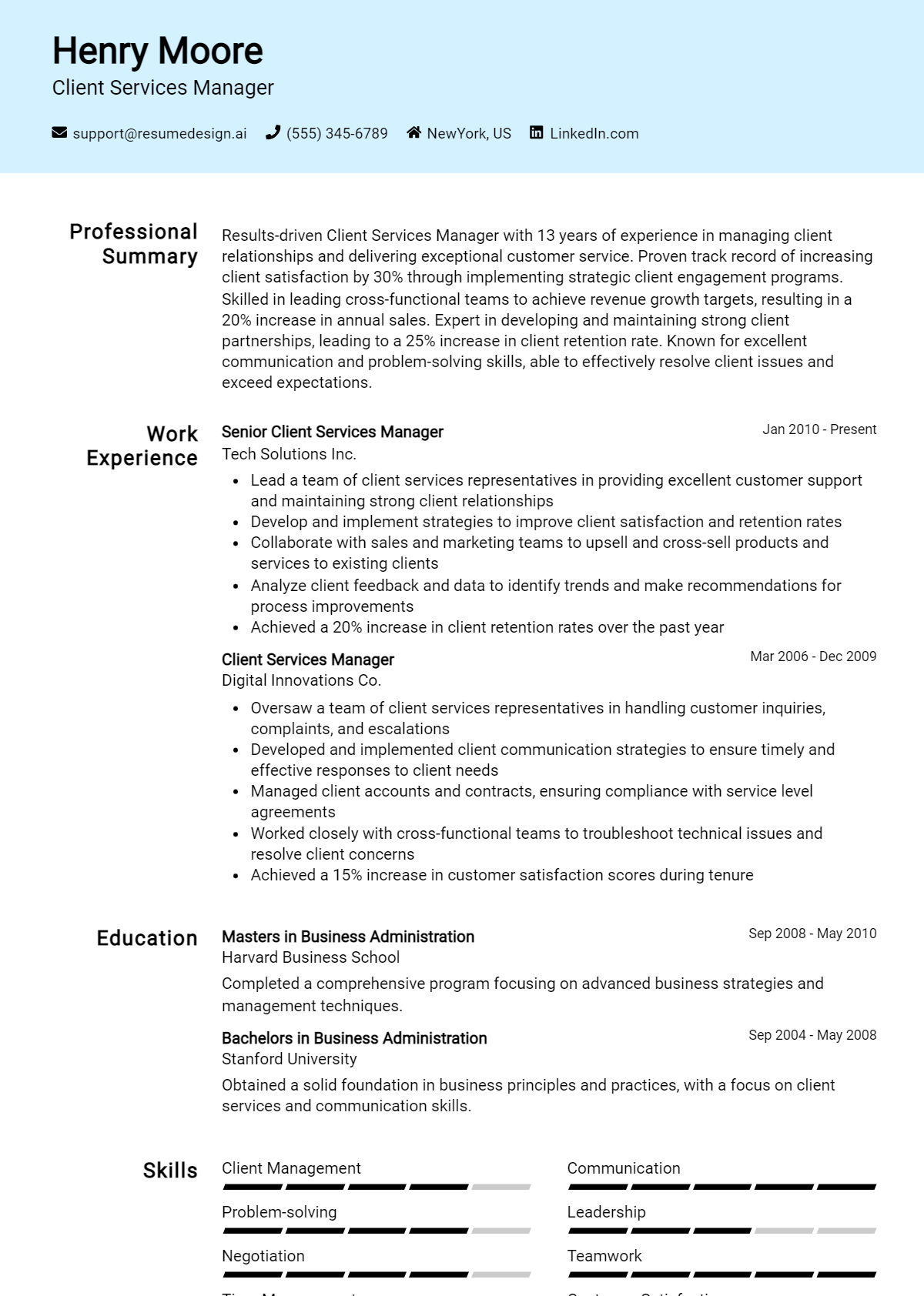 Client Services Manager Resume Example