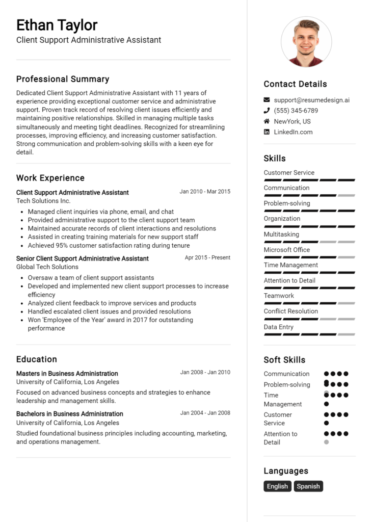 Client Support Administrative Assistant Resume Example