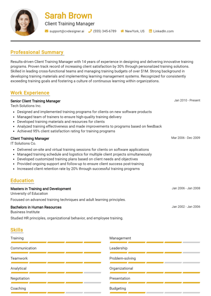 Client Training Manager Resume Example