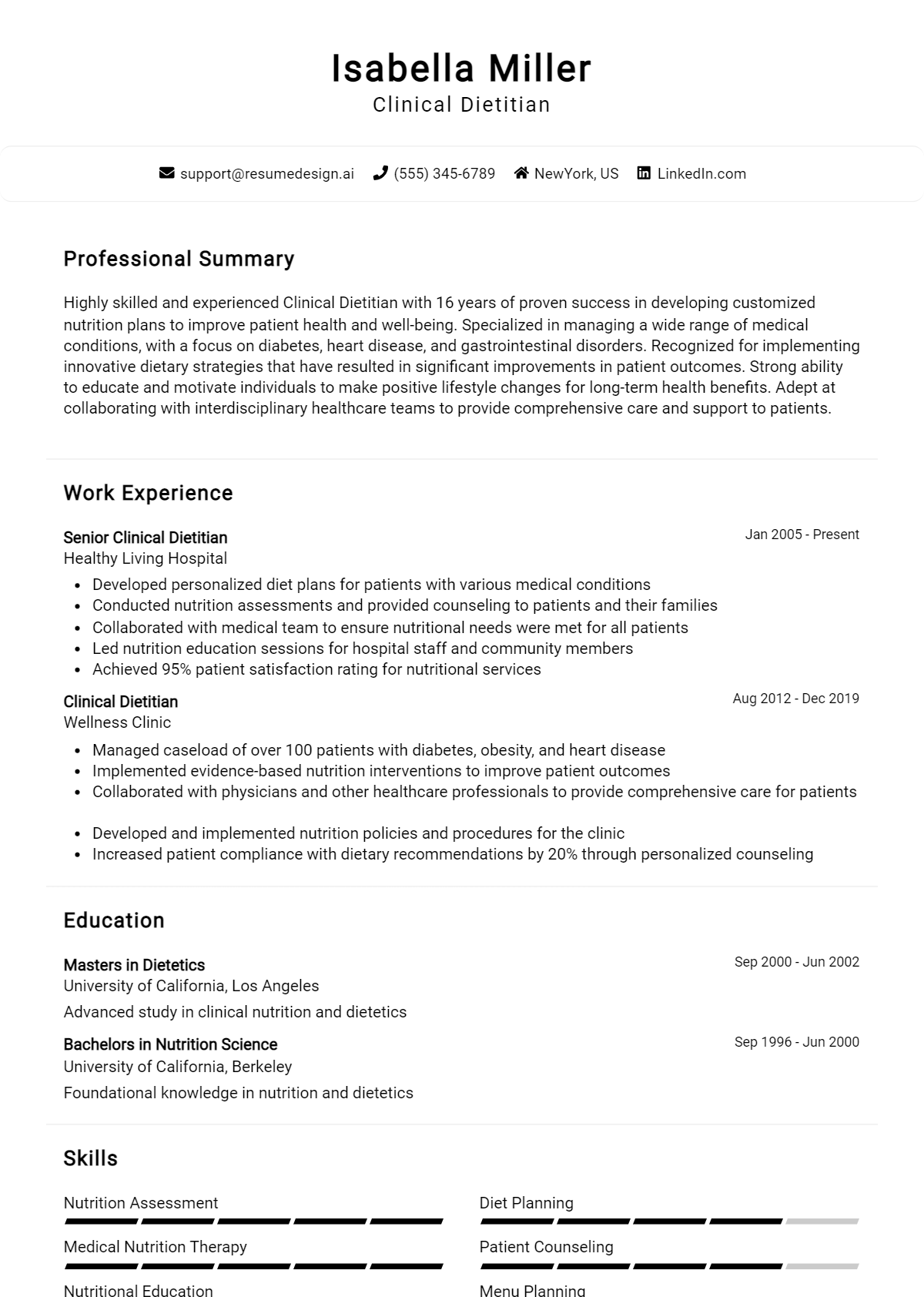 Clinical Dietitian Resume Example