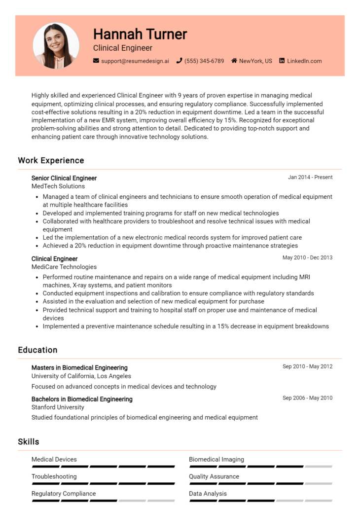 Clinical Engineer Resume Example