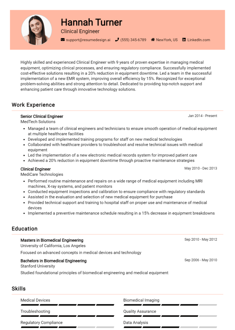 20 Clinical Engineer Resume Examples And Templates for 2025