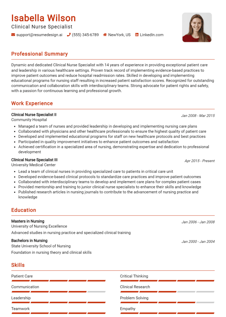 30 Clinical Nurse Specialist Resume Examples And Templates for 2025