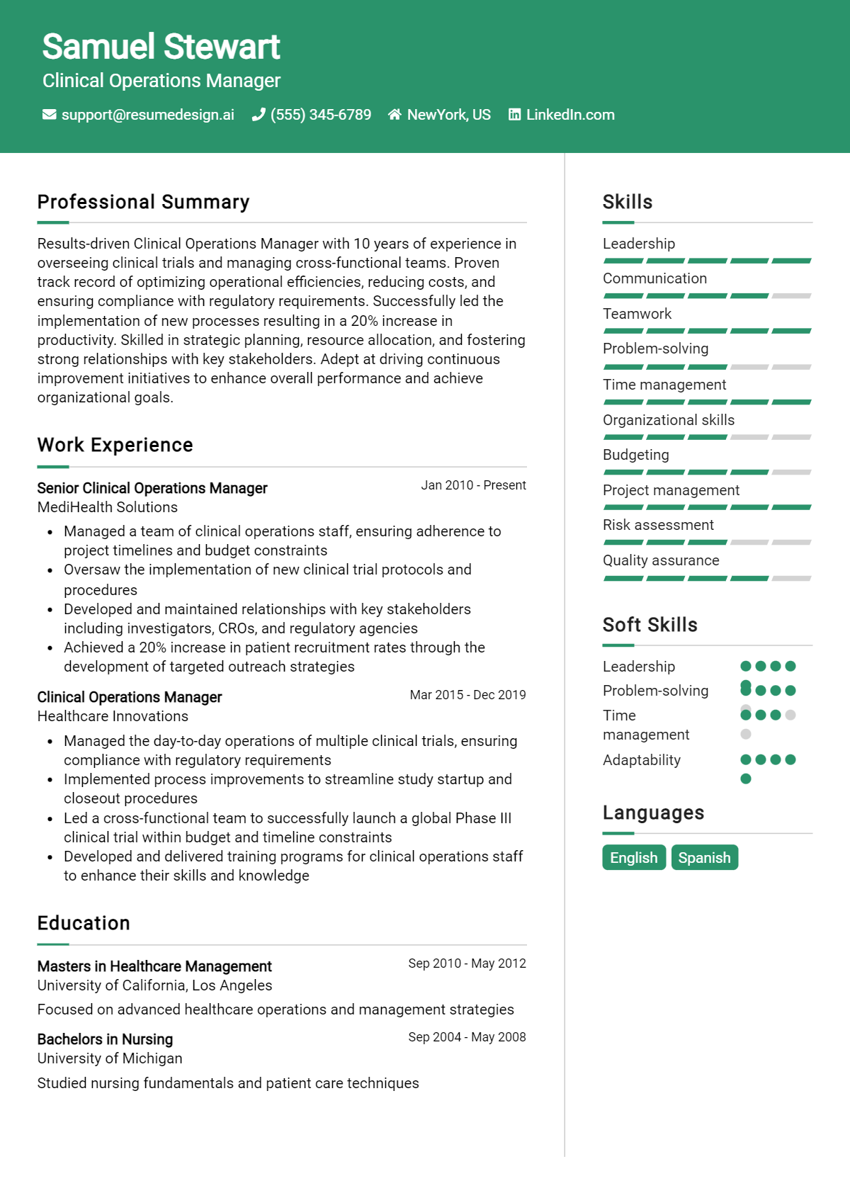 Clinical Operations Manager Resume Example