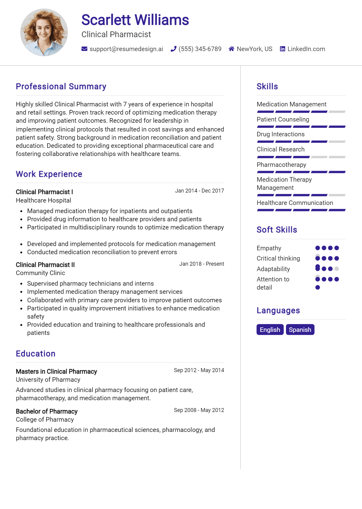 Clinical Pharmacist Resume Example