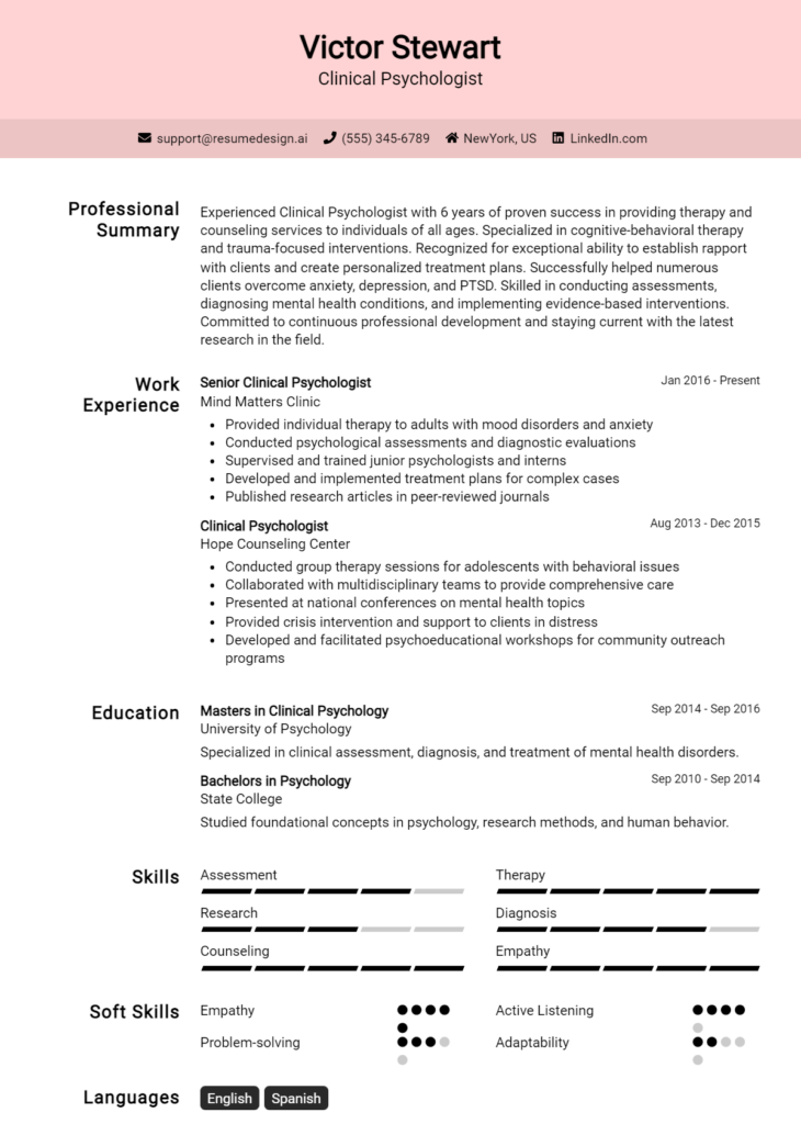 Clinical Psychologist Resume Example