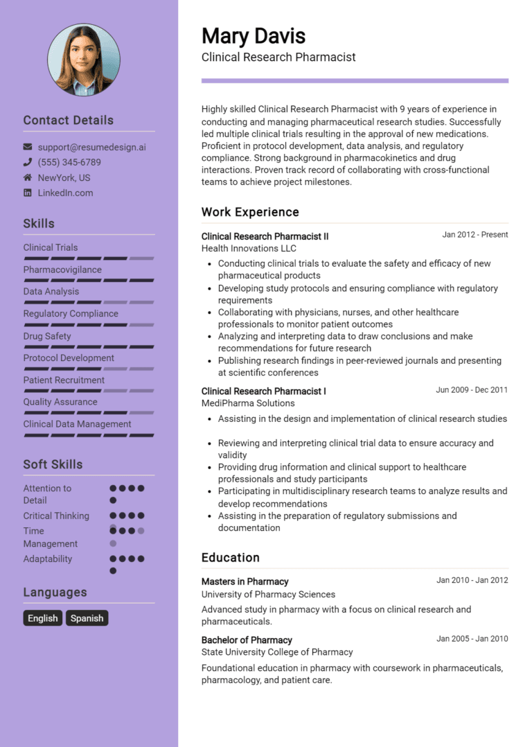 14 Clinical Research Pharmacist Resume Examples And Templates for 2025