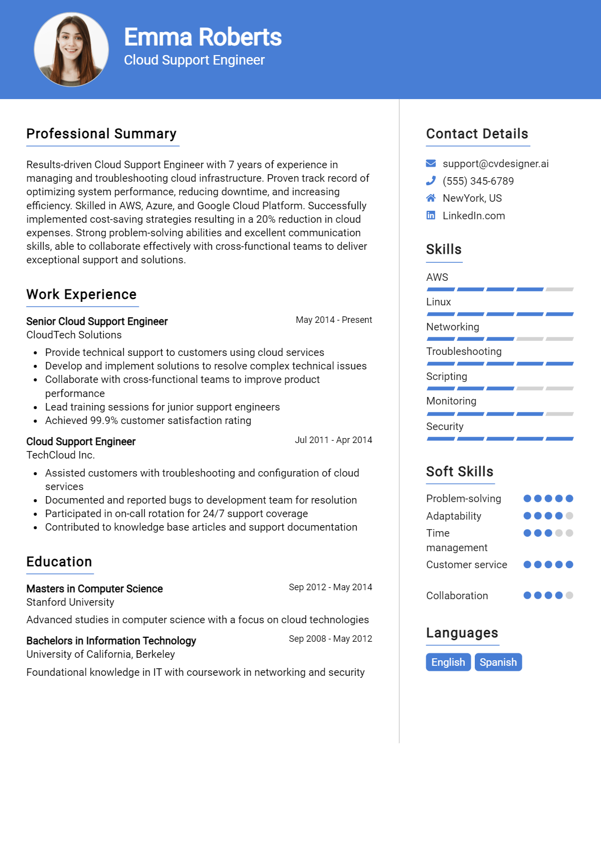 Cloud Support Engineer Resume Example