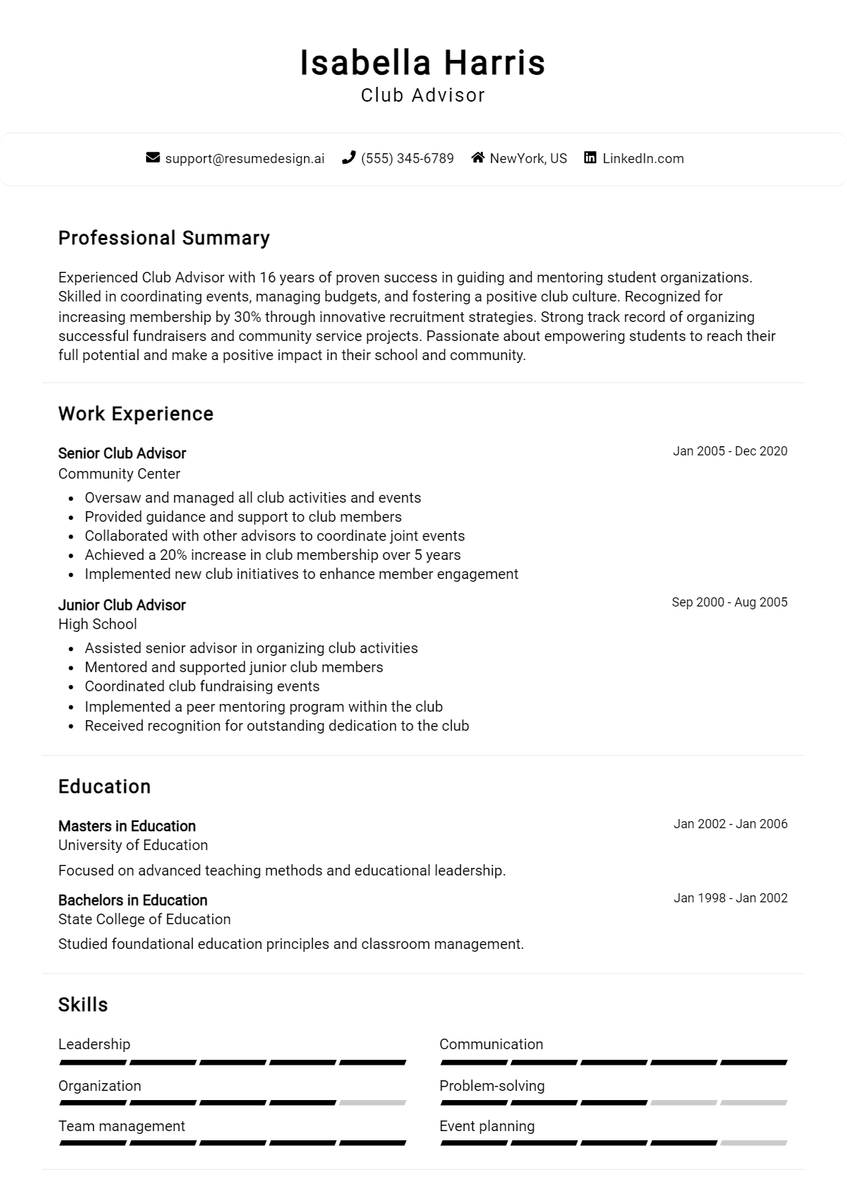 Club Advisor Resume Example