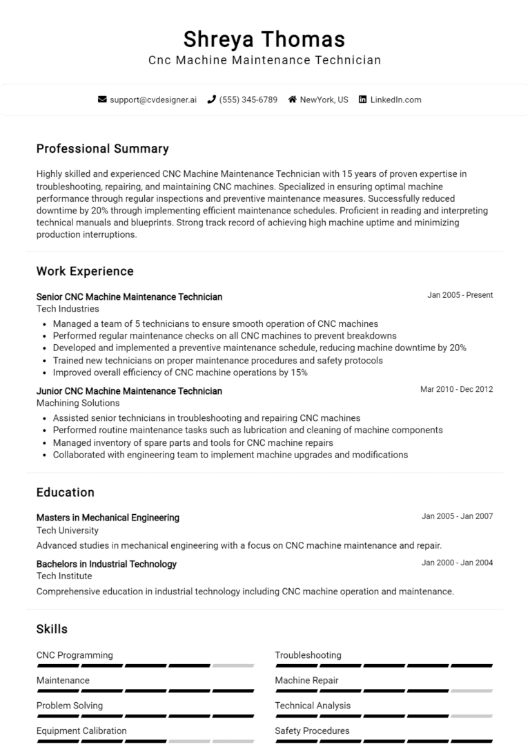 18 CNC Machine Maintenance Technician Resume Examples And Templates for 2025