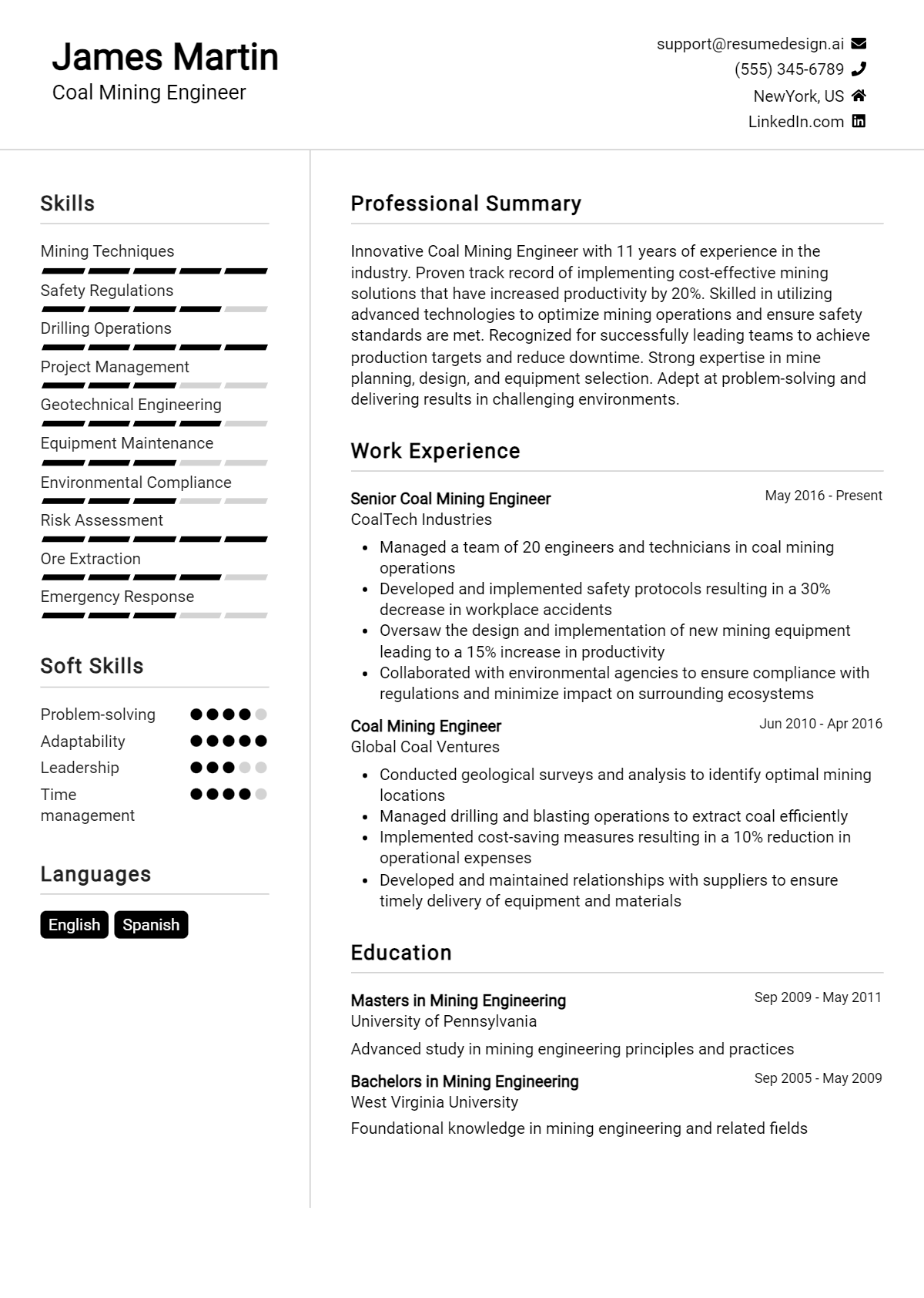 Coal Mining Engineer Resume Example