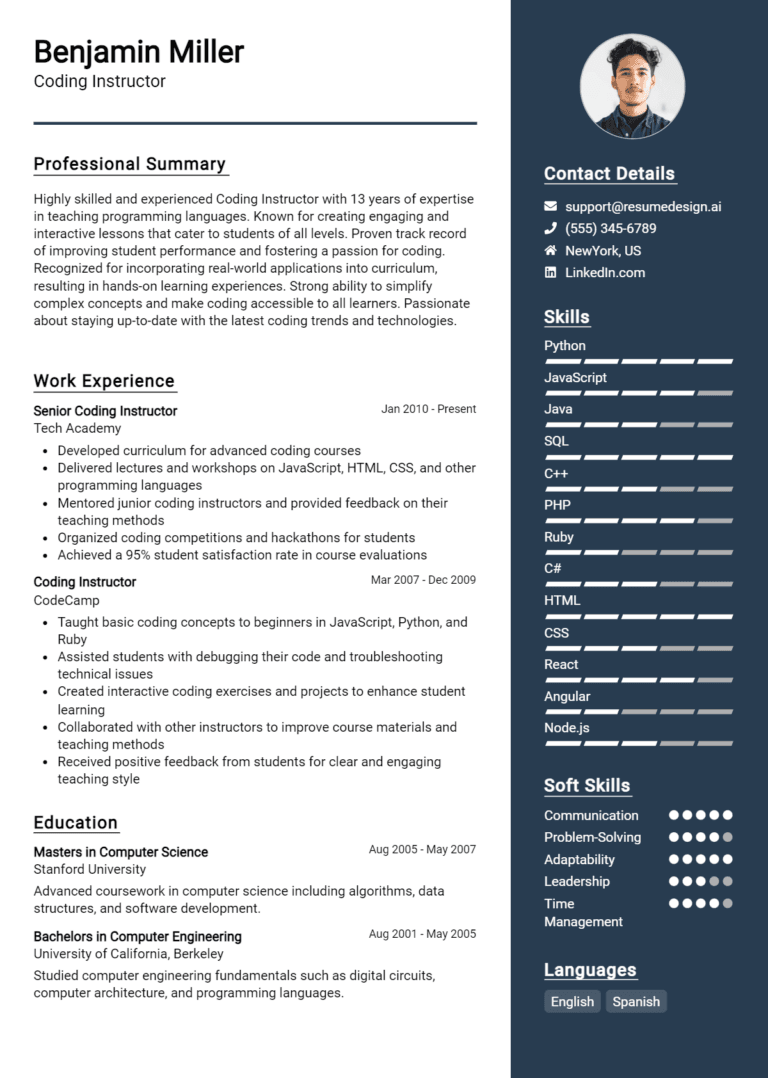 16 Coding Instructor Resume Examples And Templates for 2025