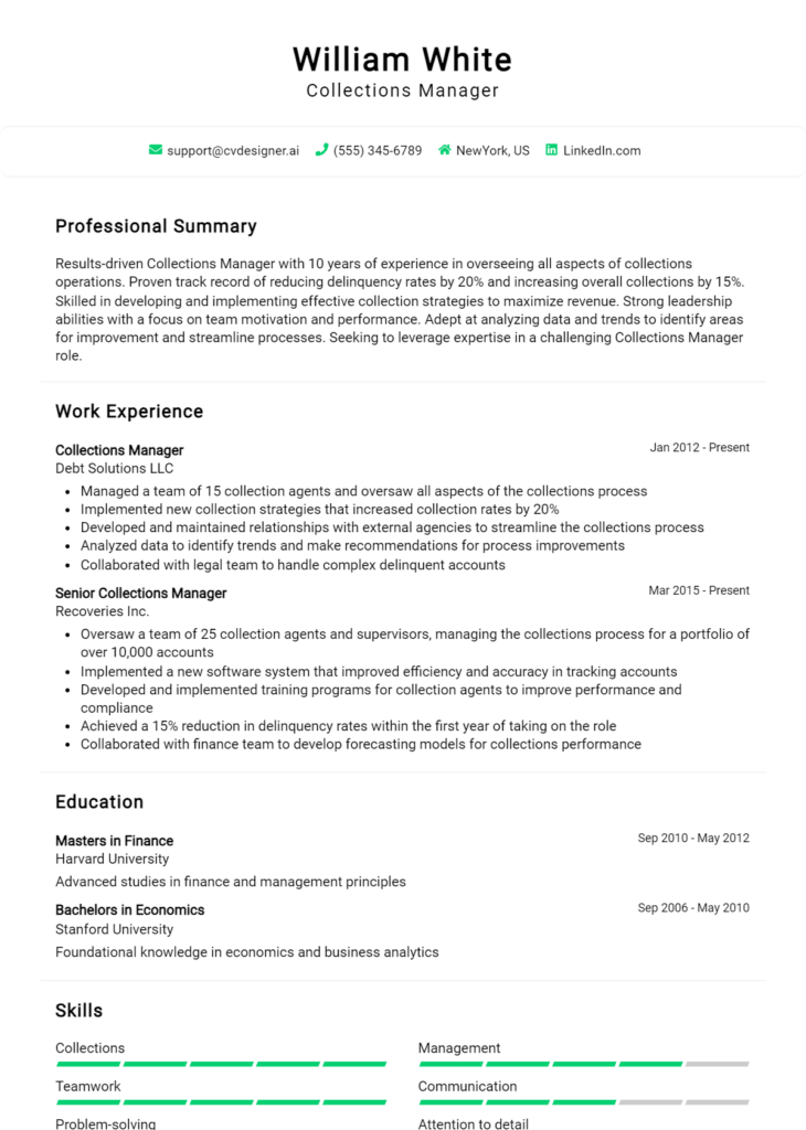 Collections Manager Resume Example