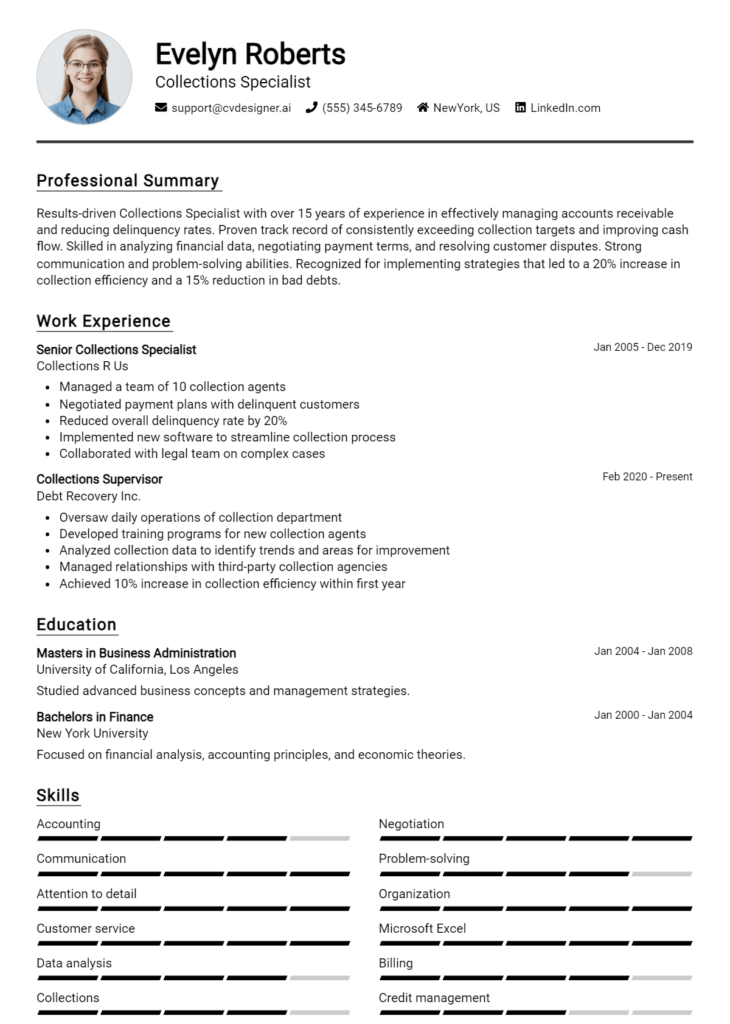 Collections Specialist Resume Example