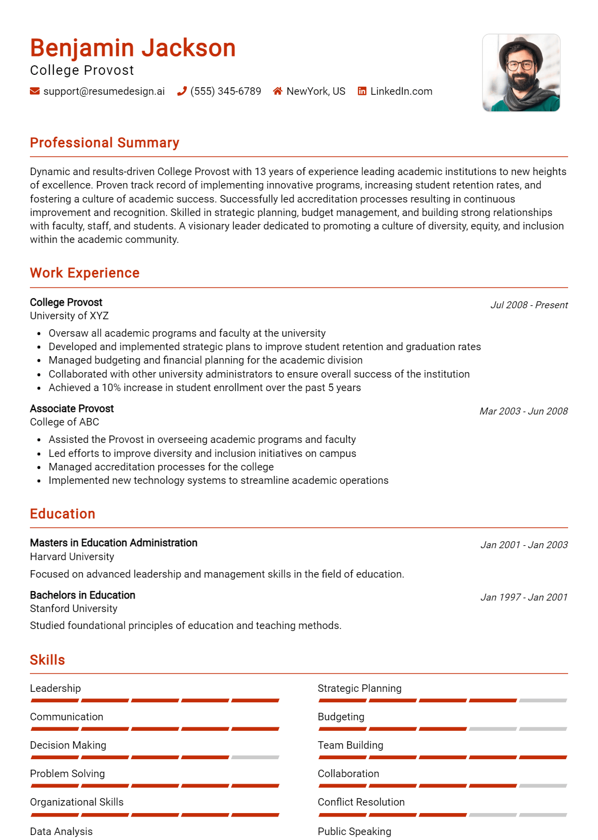 College Provost Resume Example