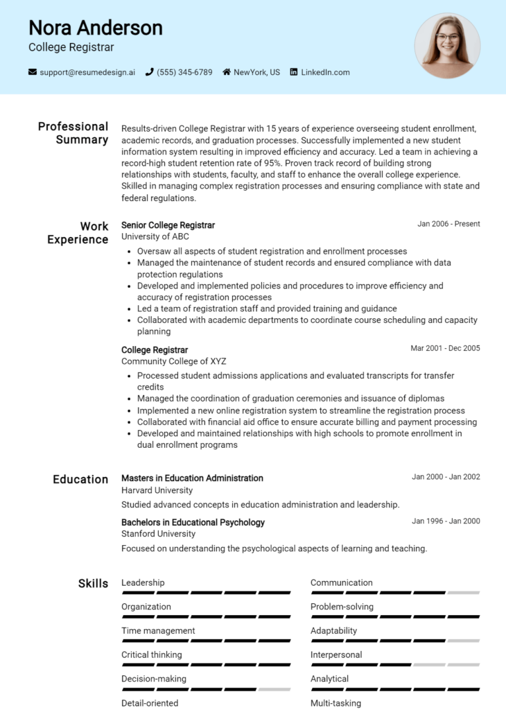 College Registrar Resume Example