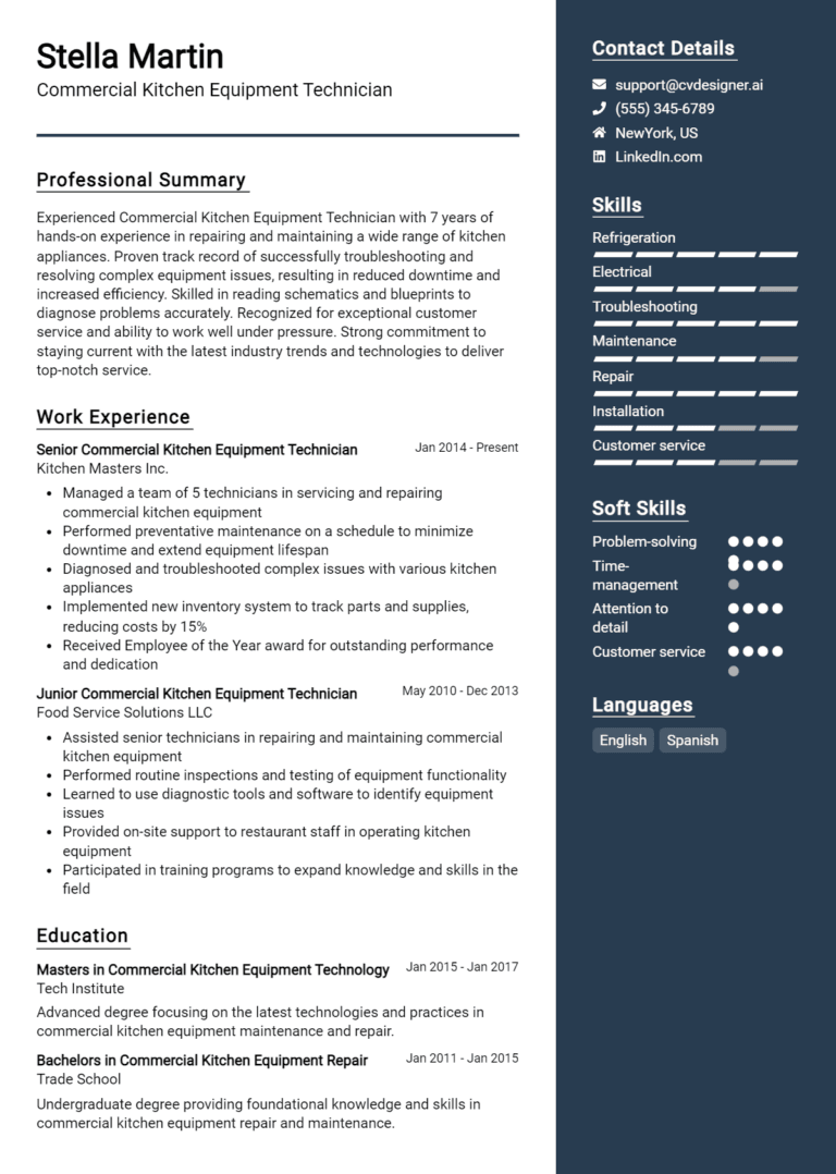 12 Commercial Kitchen Equipment Technician Resume Examples And Templates for 2025